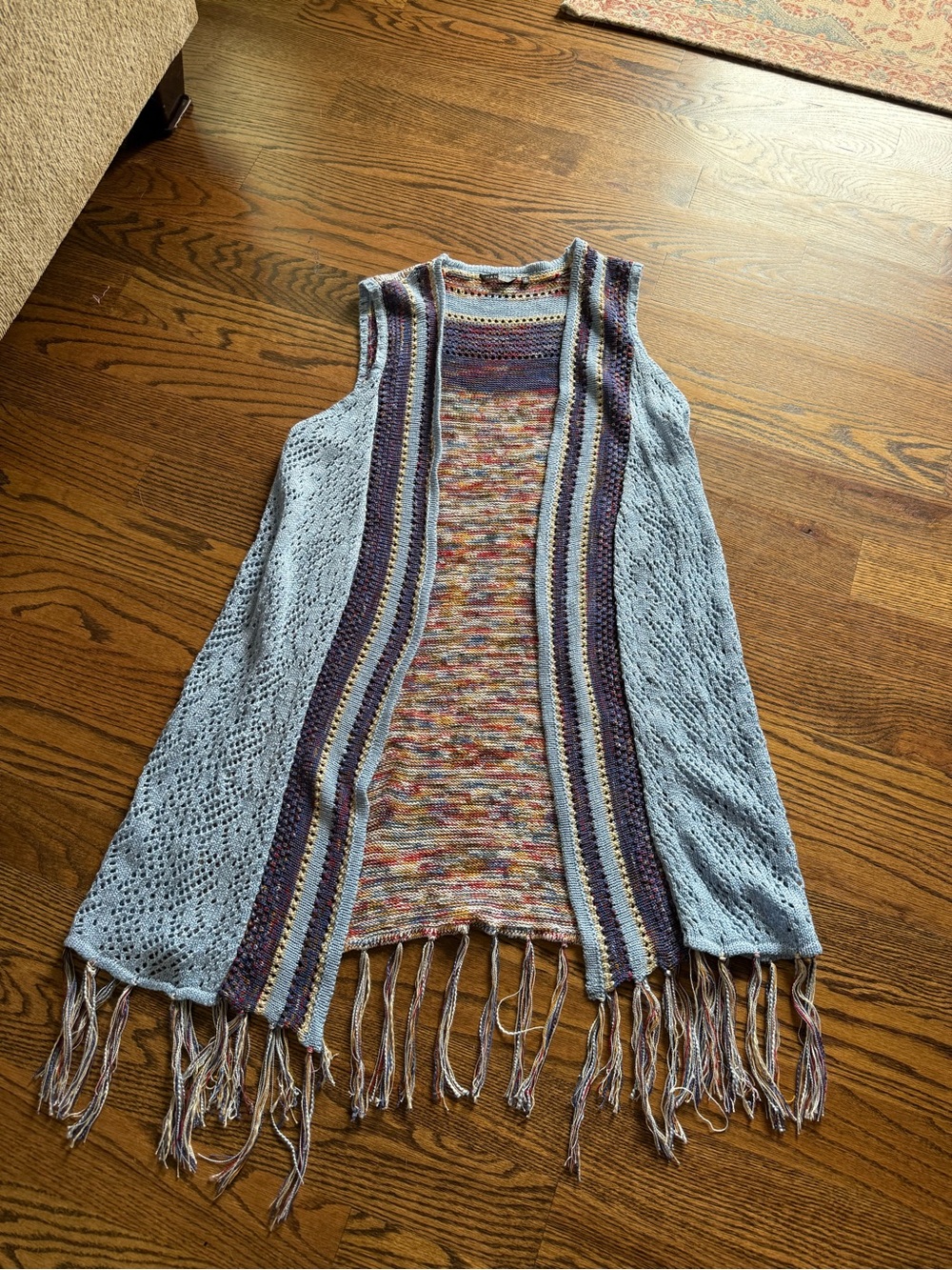 Boho Light Blue Knit Fringe Open Vest Kimono - Hannah M